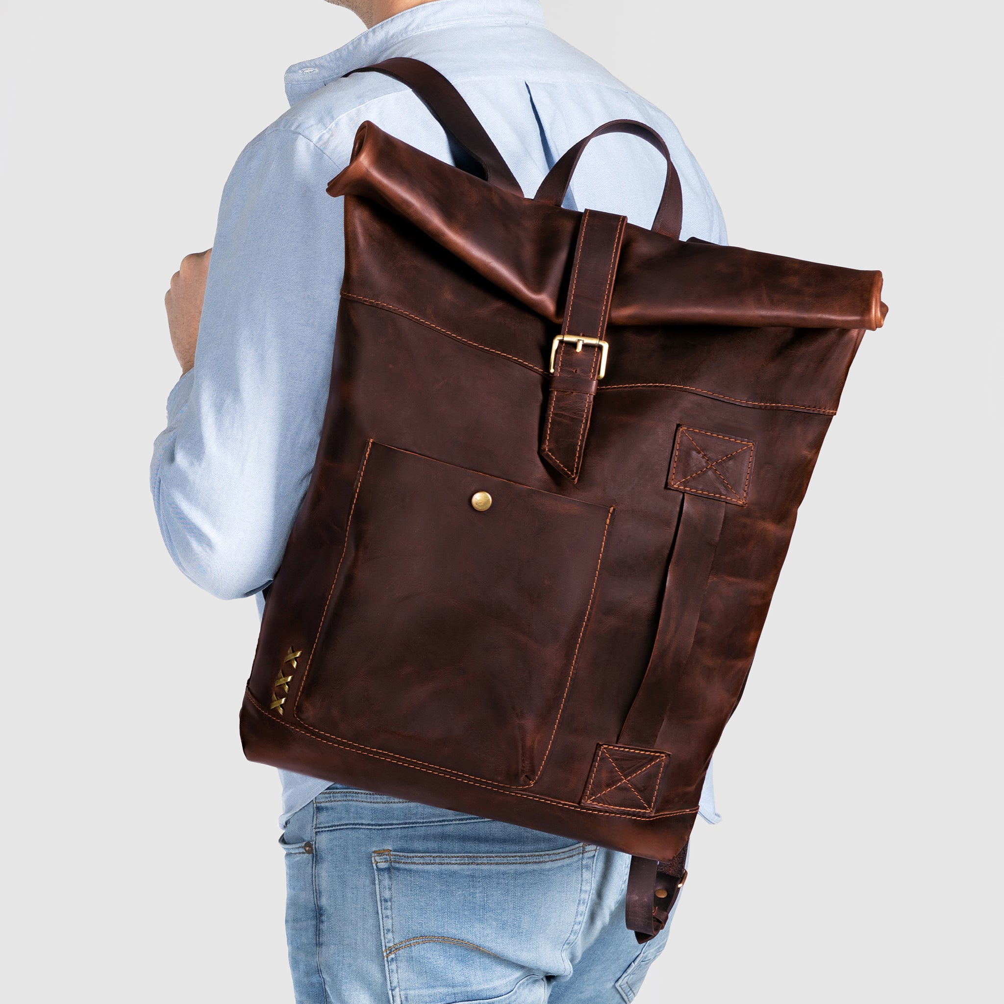 Men's Handcrafting Leather Roll-Top Backpack - Wanderlust 13", 14", 15" and 16" inch laptops