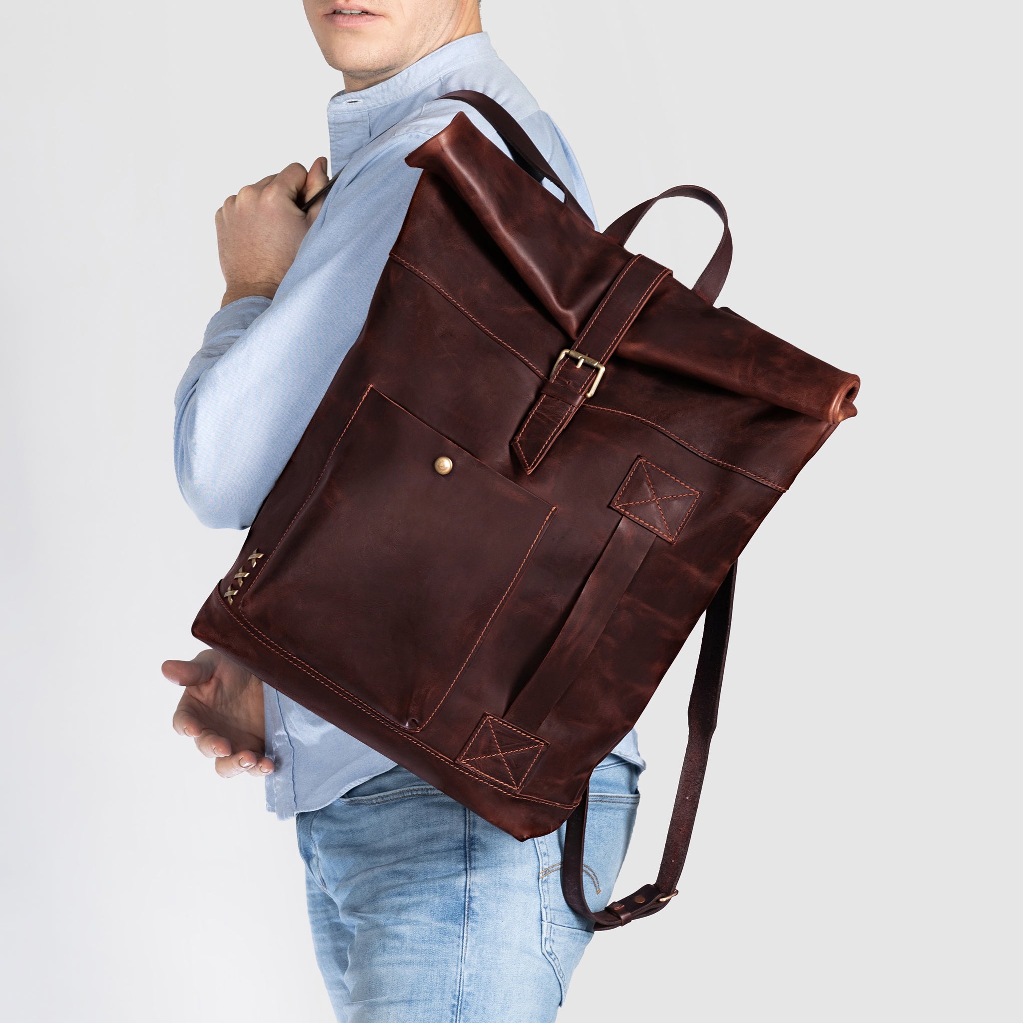 Men's Handcrafting Leather Roll-Top Backpack - Wanderlust 13", 14", 15" and 16" inch laptops