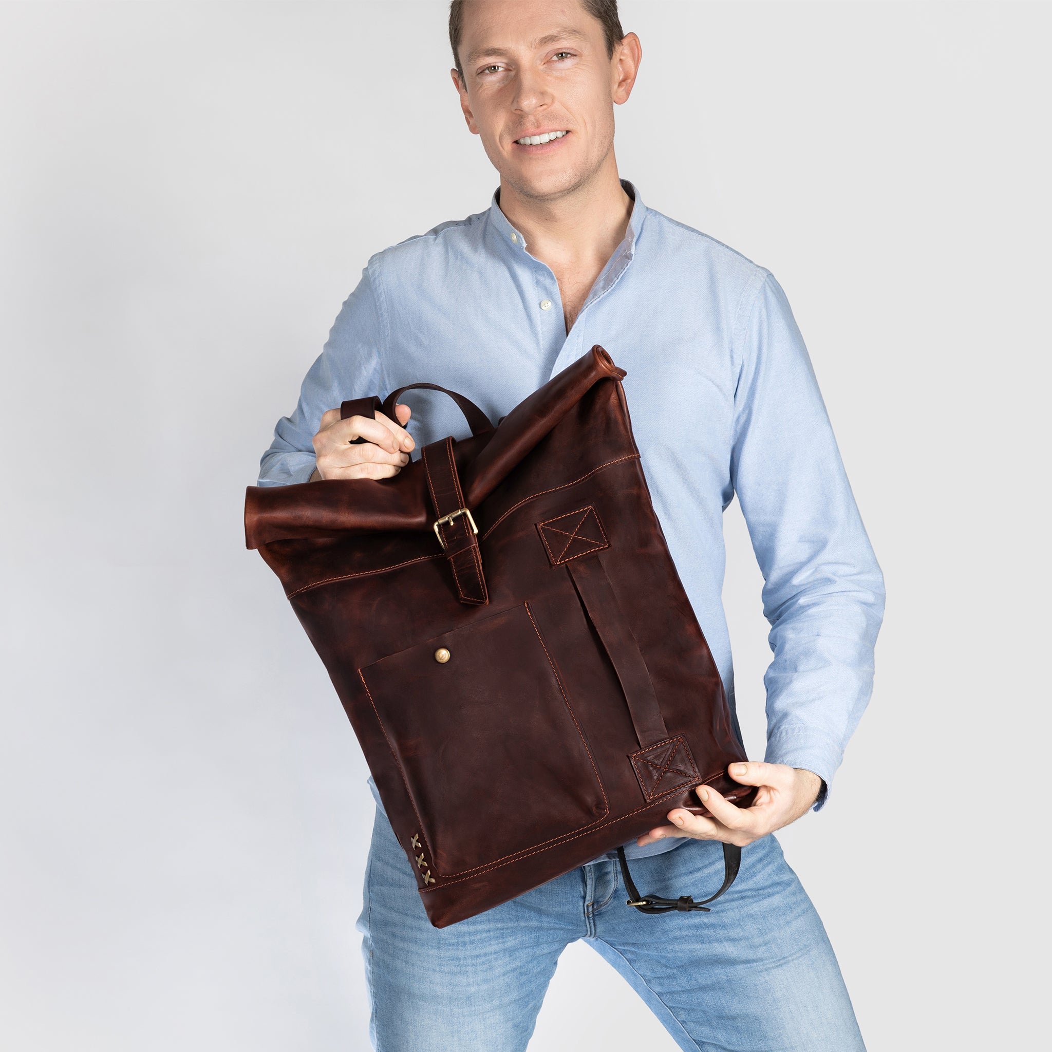 Men's Handcrafting Leather Roll-Top Backpack - Wanderlust 13", 14", 15" and 16" inch laptops