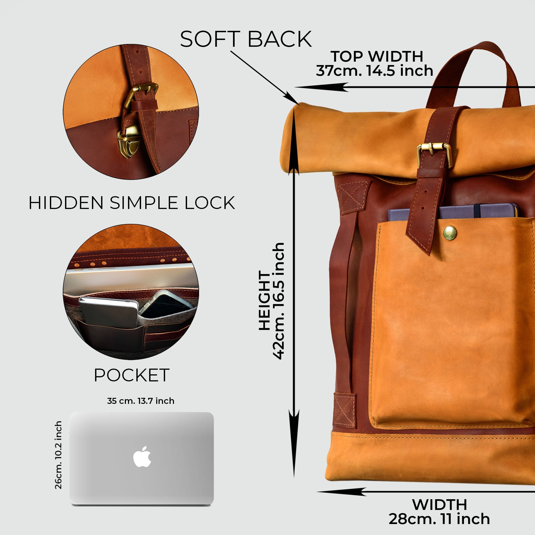 Handcrafting Men's Roll-Top Backpack Leather - 13", 14", 15" and 16" inch. laptops