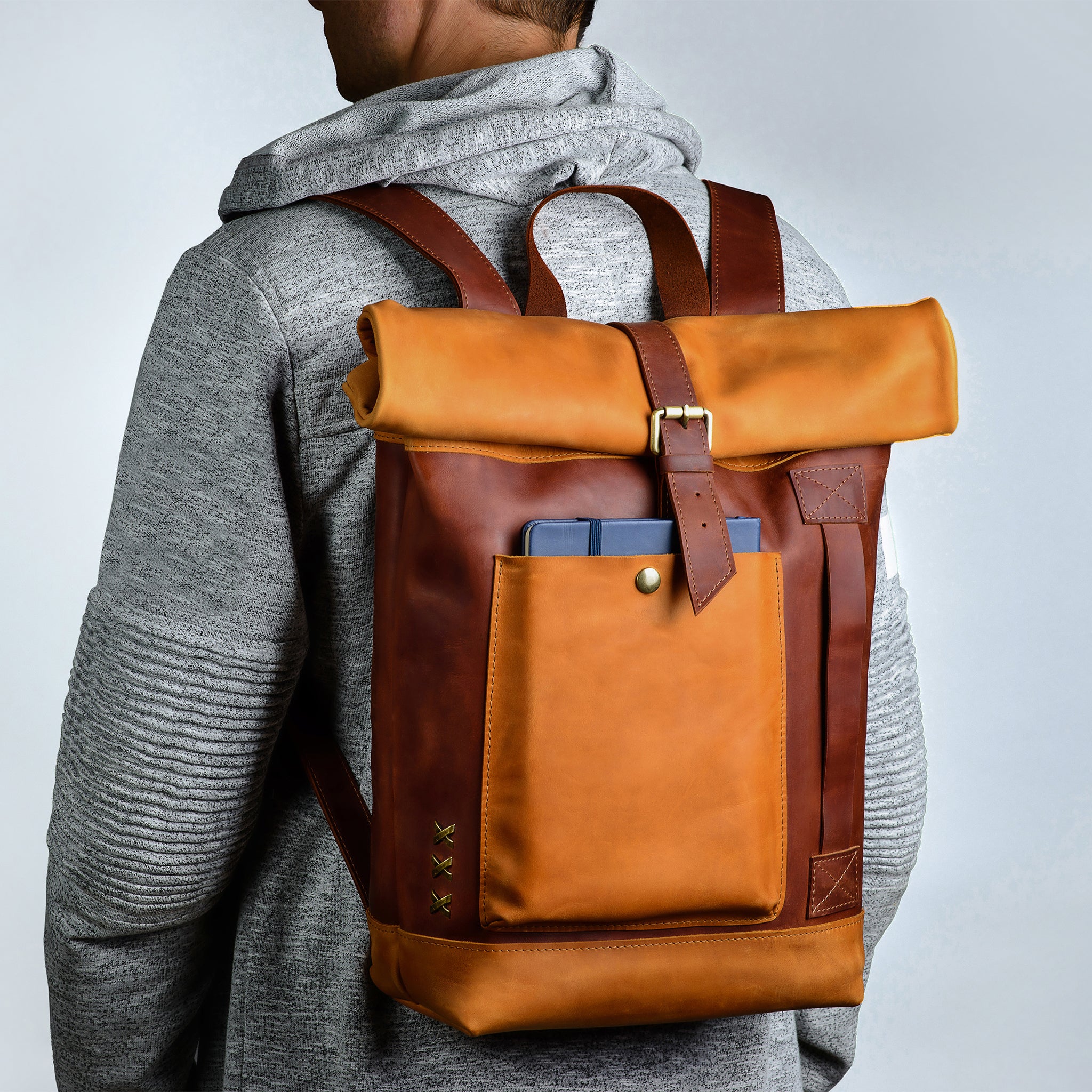Handcrafting Men's Roll-Top Backpack Leather - 13", 14", 15" and 16" inch. laptops