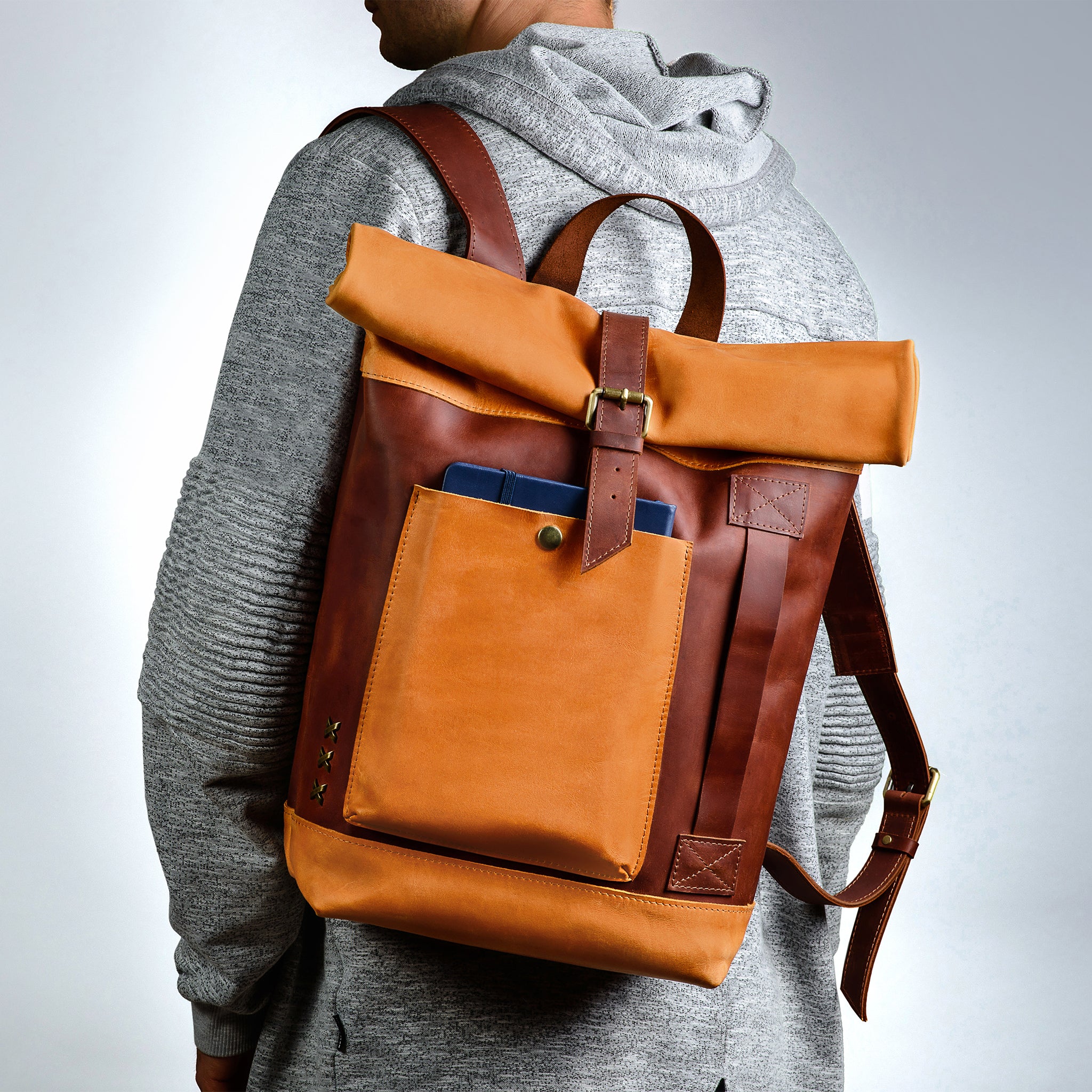 Handcrafting Men's Roll-Top Backpack Leather - 13", 14", 15" and 16" inch. laptops