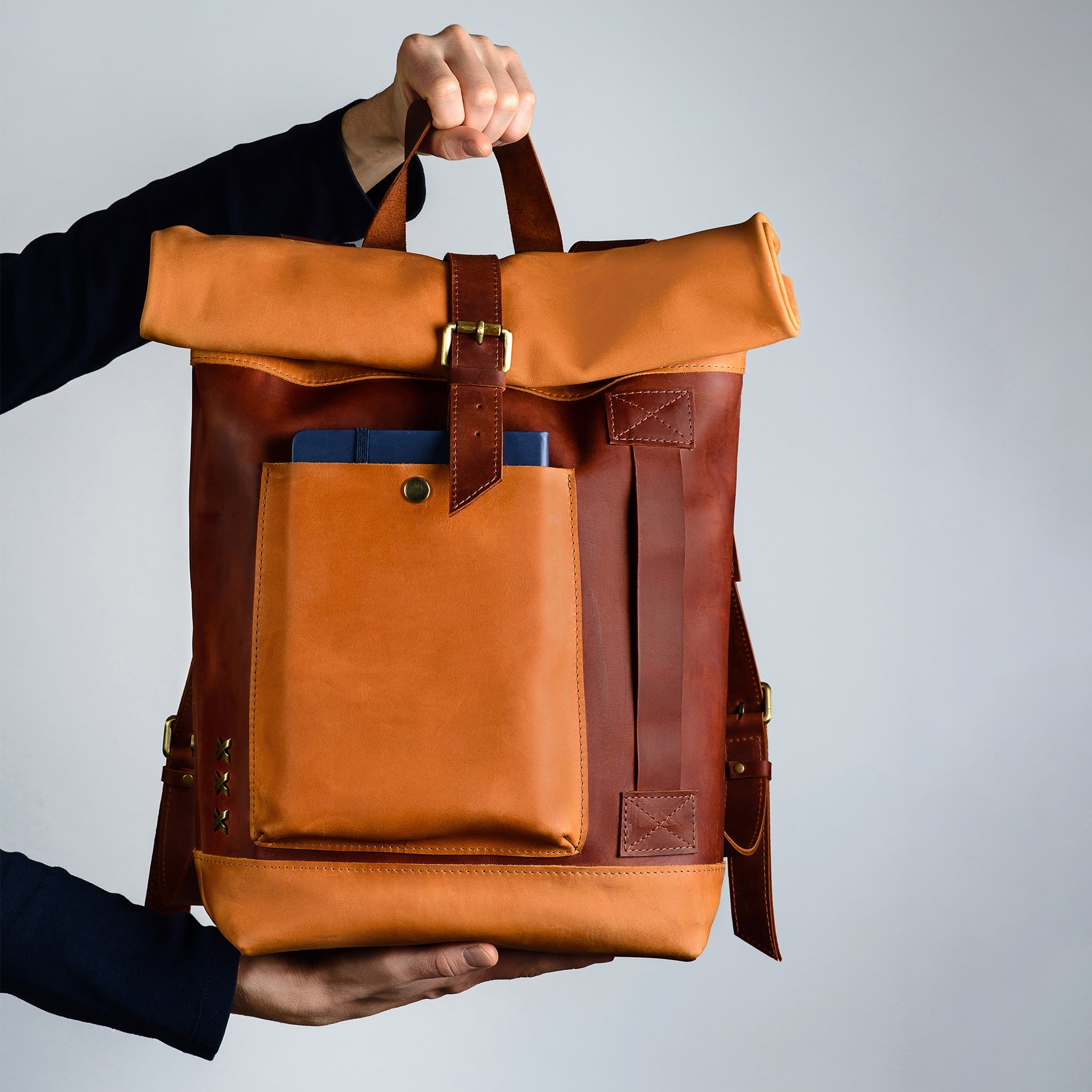 Handcrafting Men's Roll-Top Backpack Leather - 13", 14", 15" and 16" inch. laptops