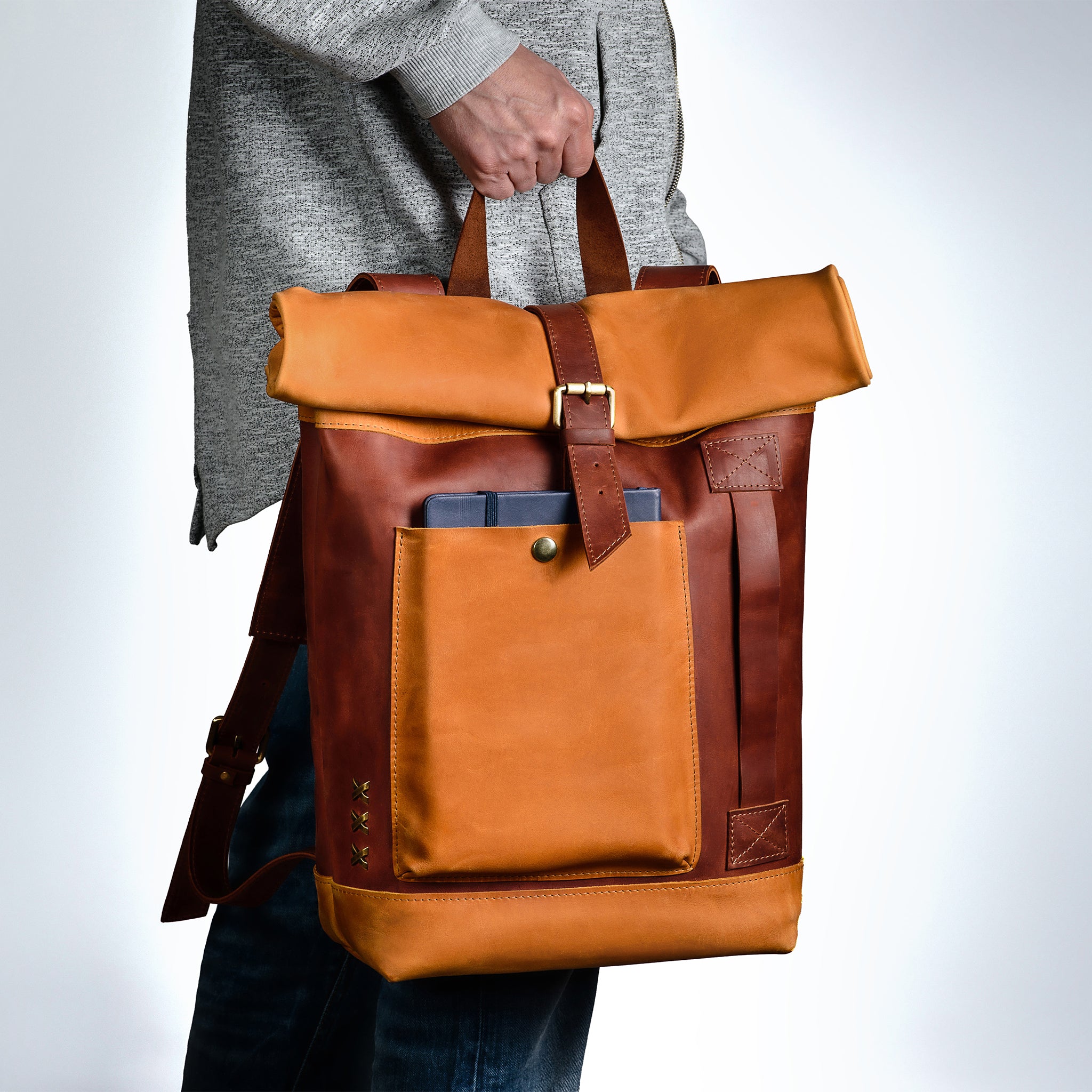 Handcrafting Men's Roll-Top Backpack Leather - 13", 14", 15" and 16" inch. laptops