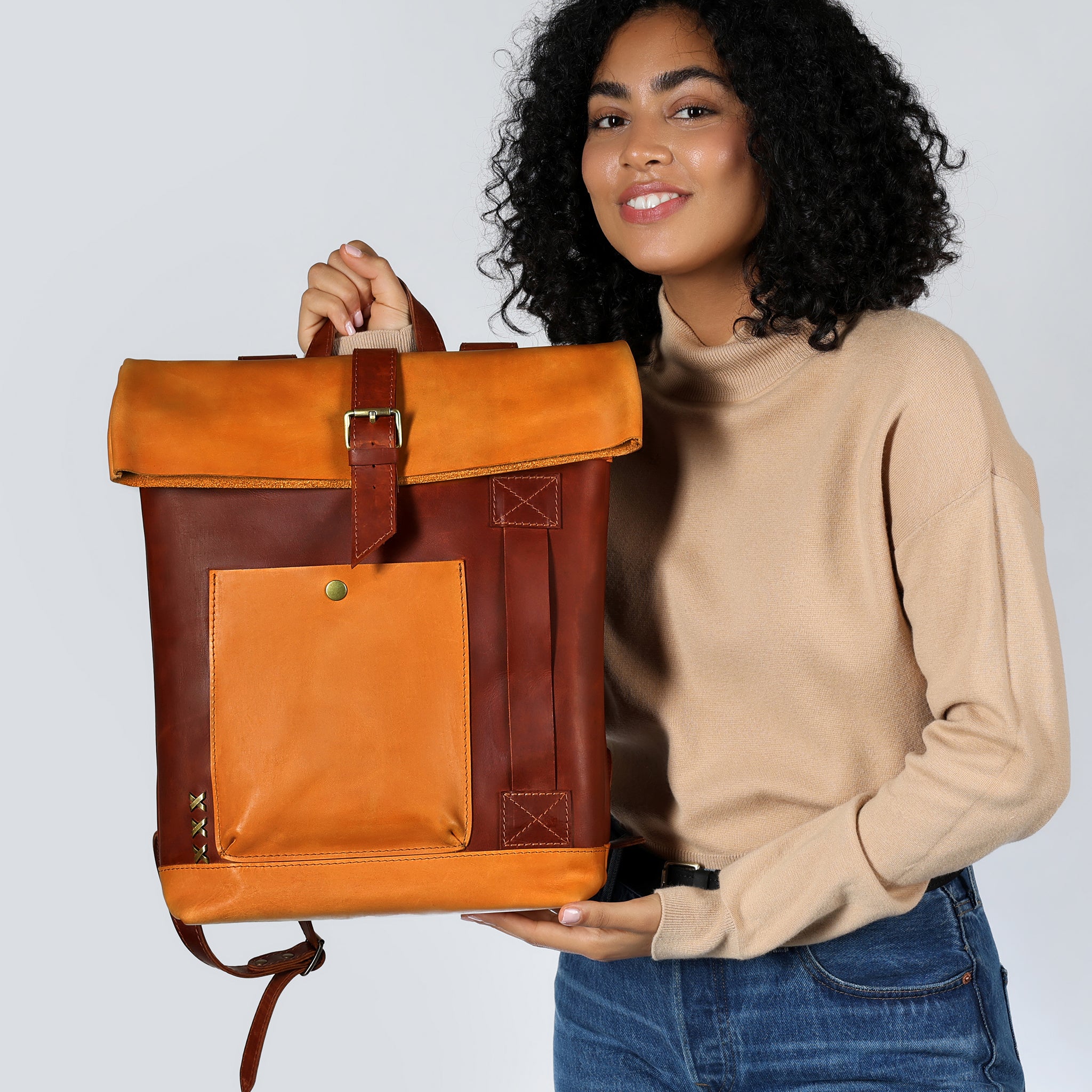 Roll-Top Handcrafting Leather Backpack Women's - 13,14,15,16 inch. laptops