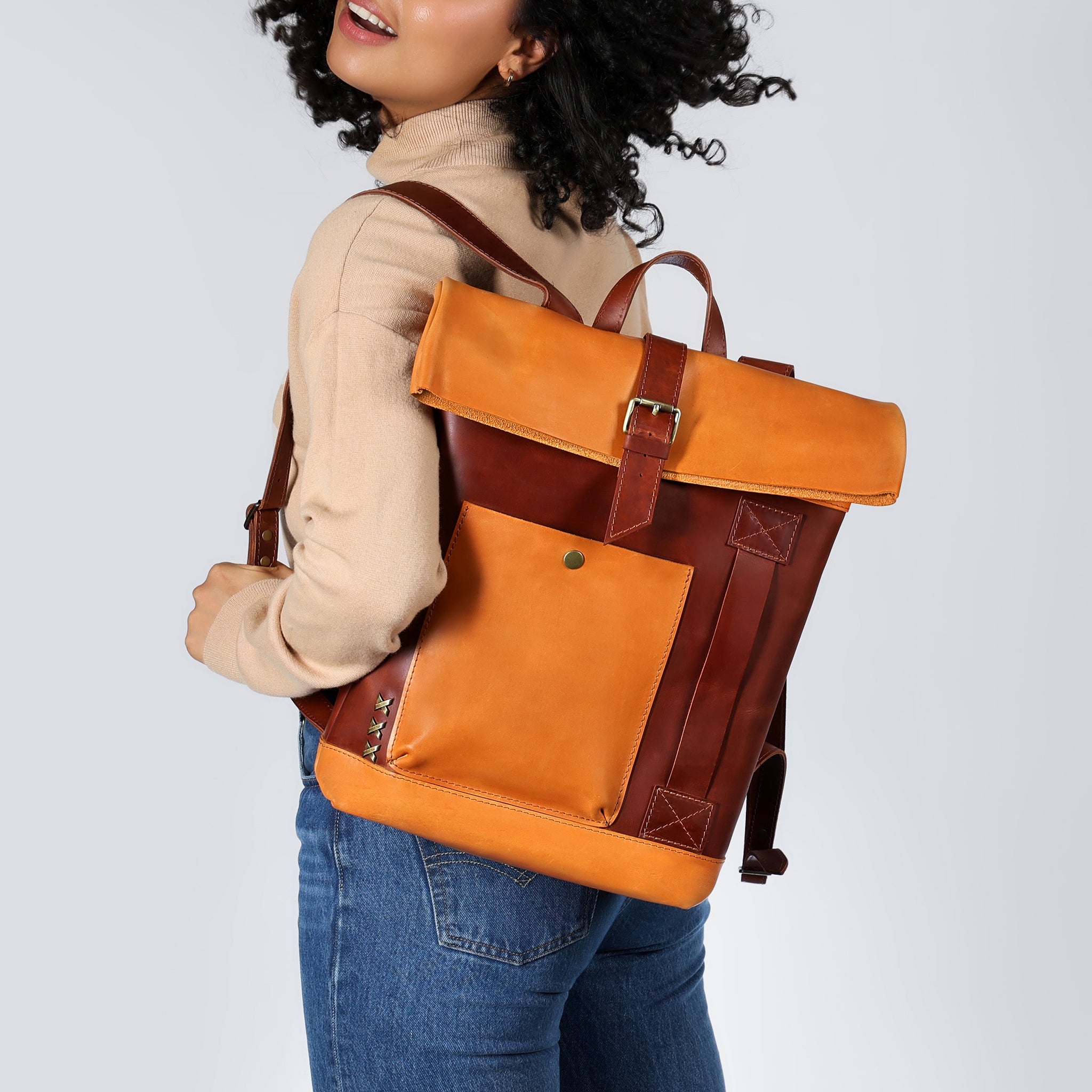 Roll-Top Handcrafting Leather Backpack Women's - 13,14,15,16 inch. laptops