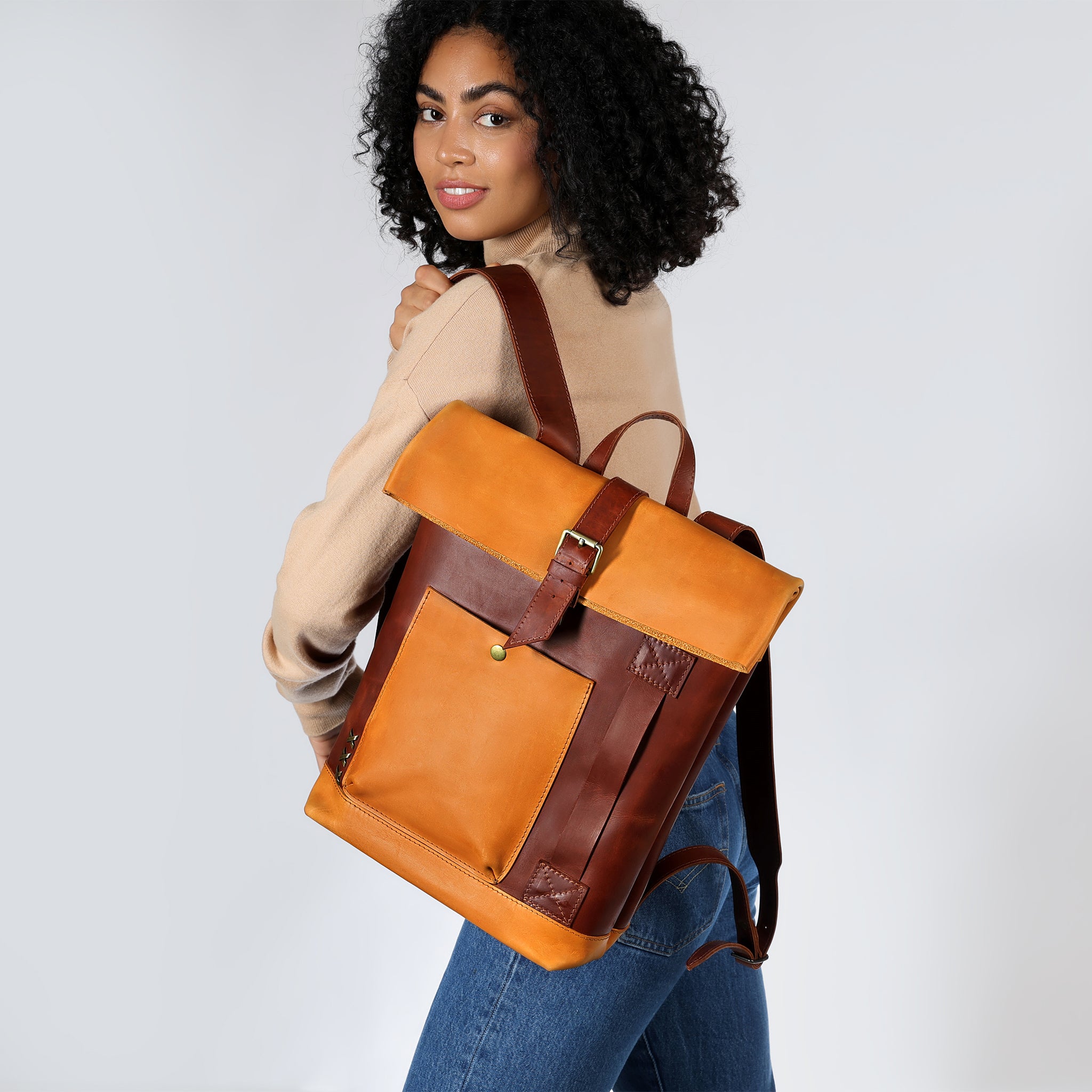 Roll-Top Handcrafting Leather Backpack Women's - 13,14,15,16 inch. laptops