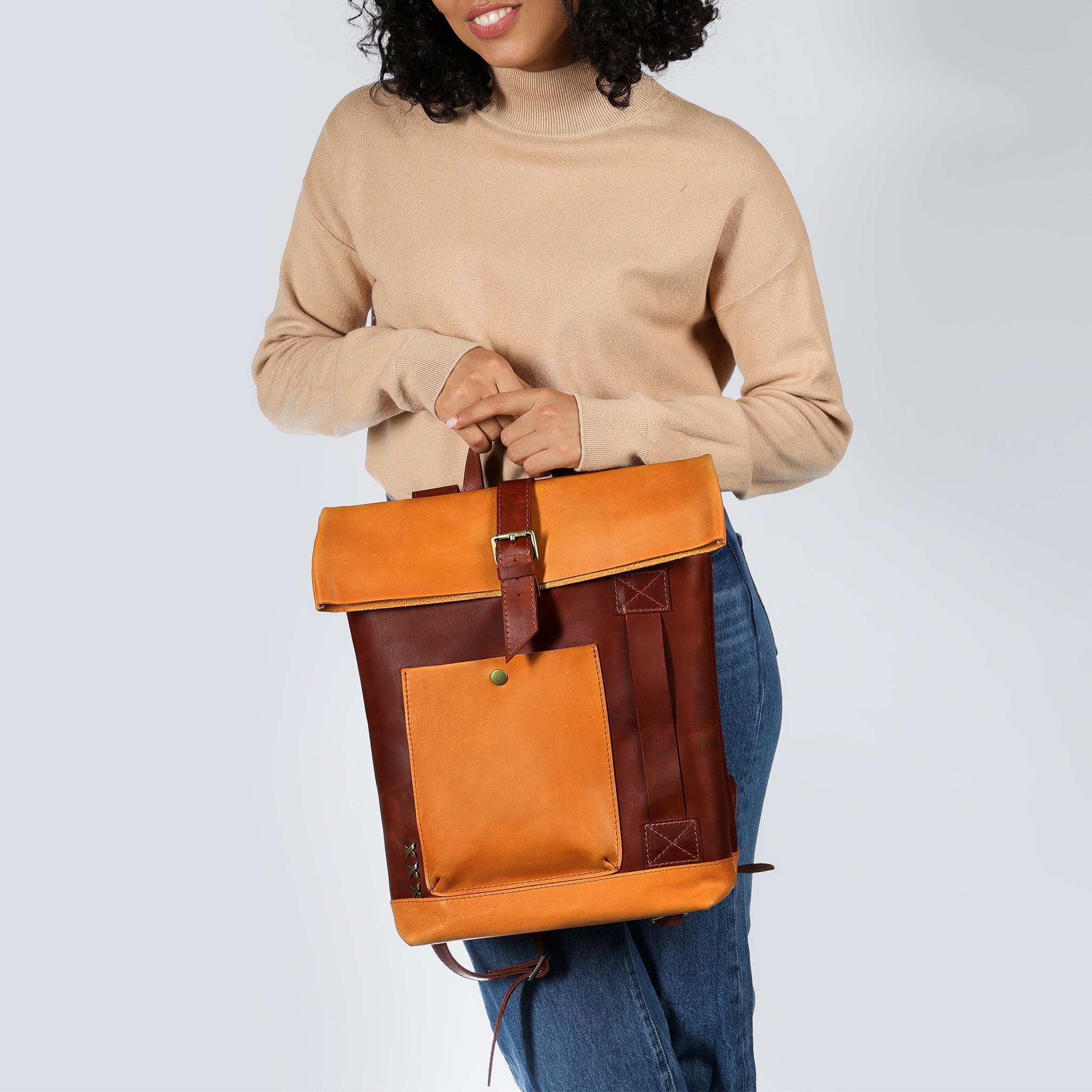 Roll-Top Handcrafting Leather Backpack Women's - 13,14,15,16 inch. laptops