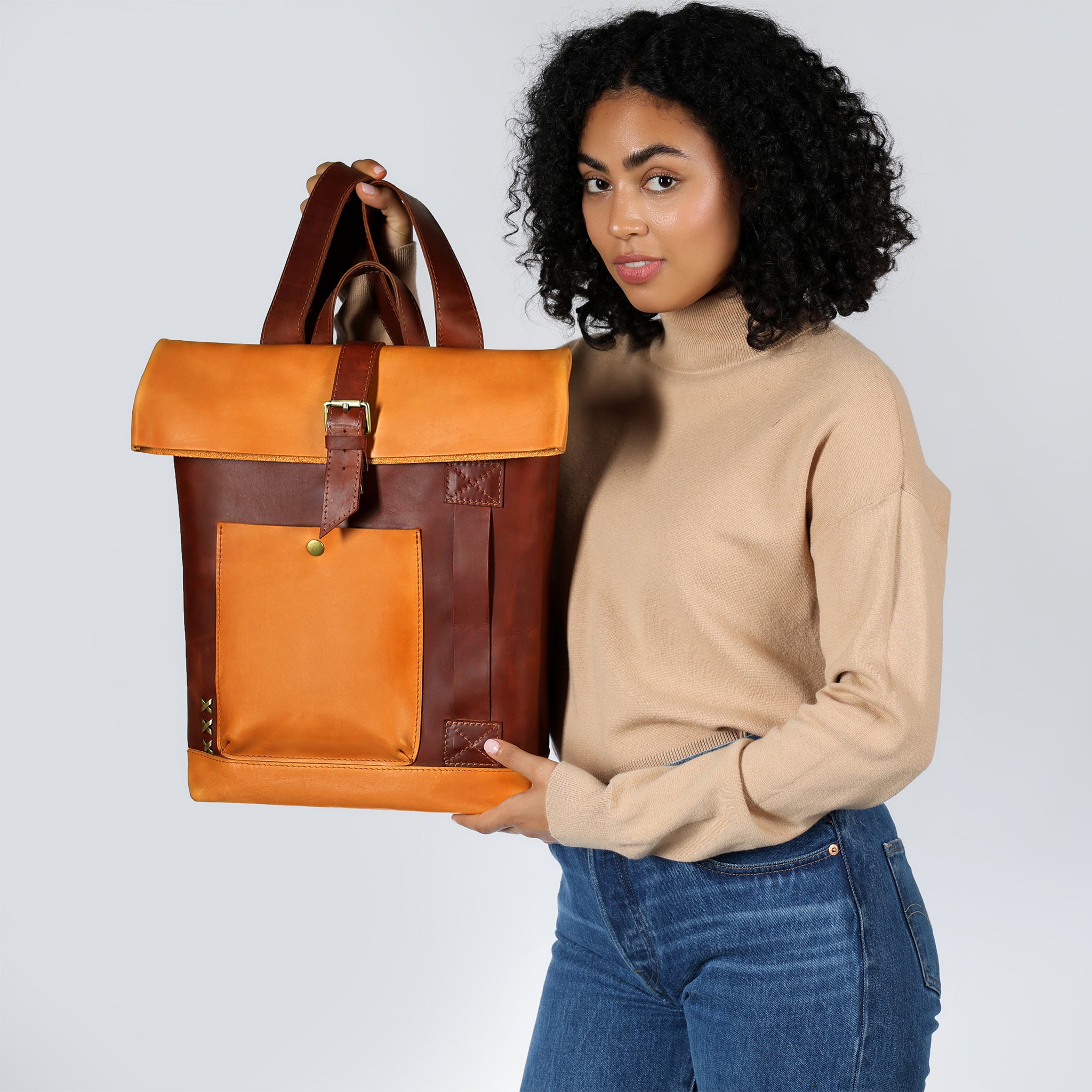 Roll-Top Handcrafting Leather Backpack Women's - 13,14,15,16 inch. laptops