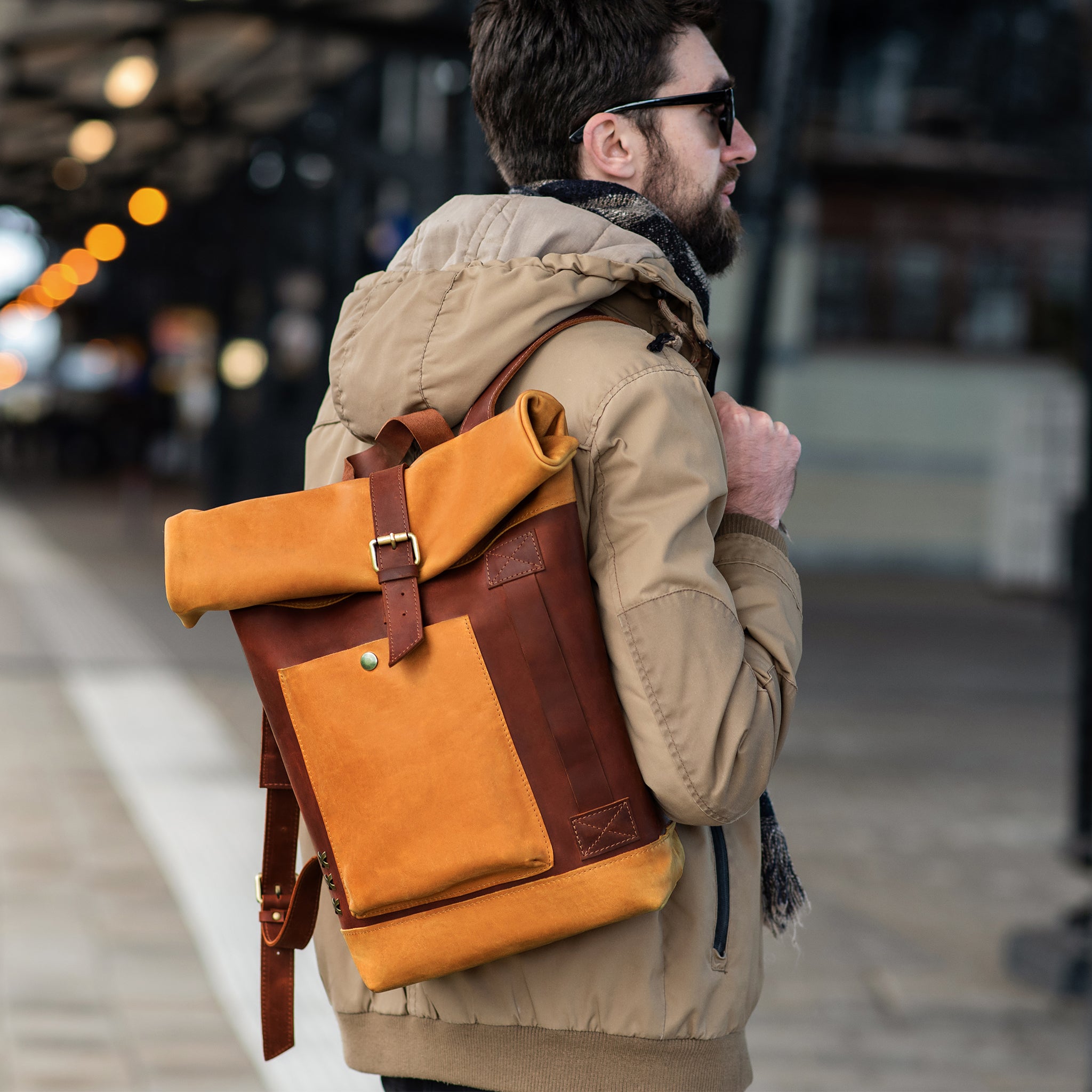 Handcrafting Men's Roll-Top Backpack Leather - 13", 14", 15" and 16" inch. laptops