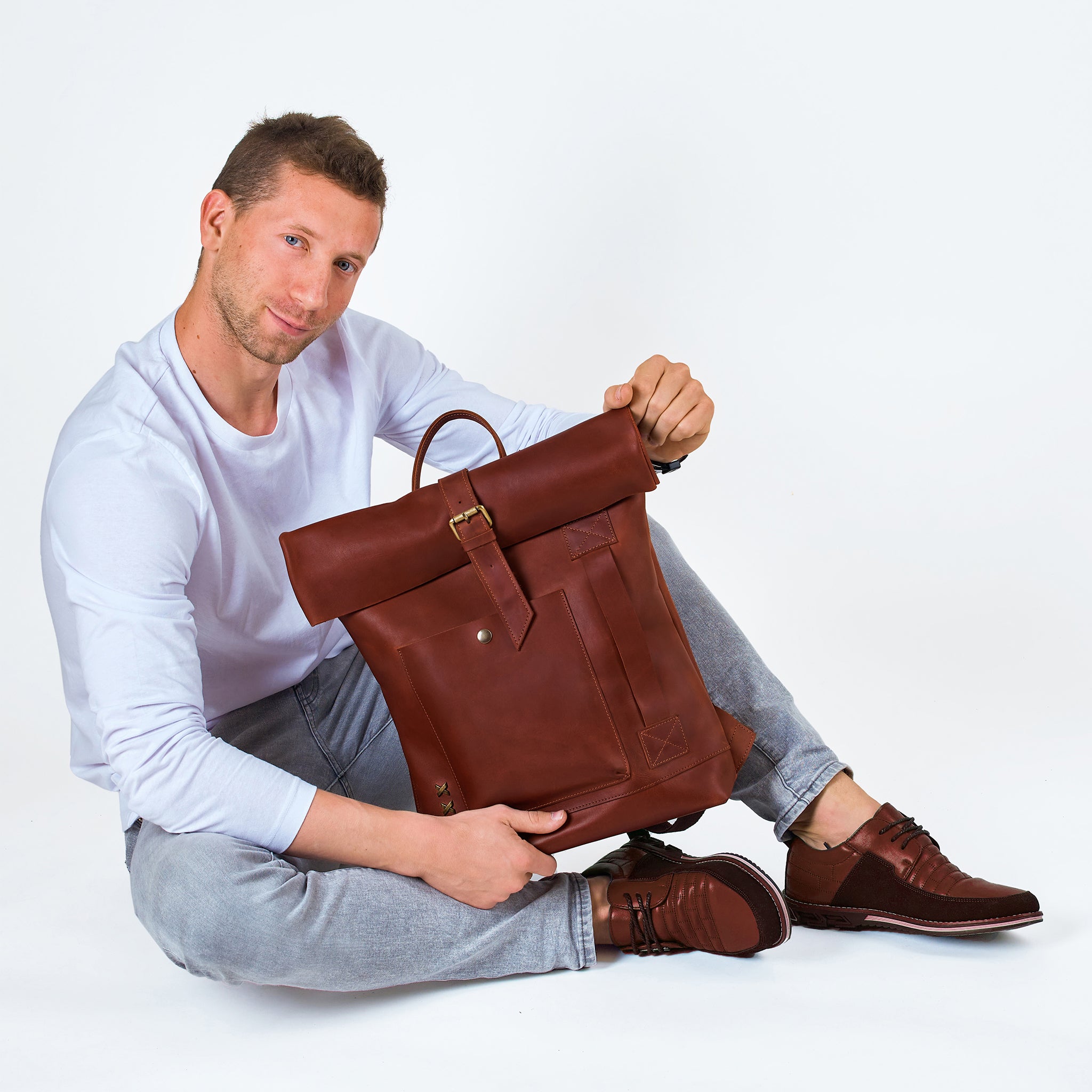 Men's Handcrafting Leather Roll-Top Backpack - Wanderlust 13", 14", 15" and 16" inch laptops