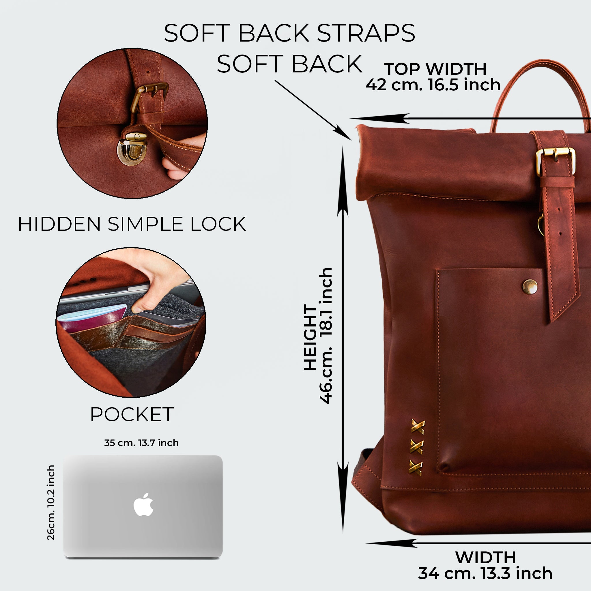 Roll-Top Handcrafting ,Women's Leather Backpack - Wanderlust 13-16 inch. laptops