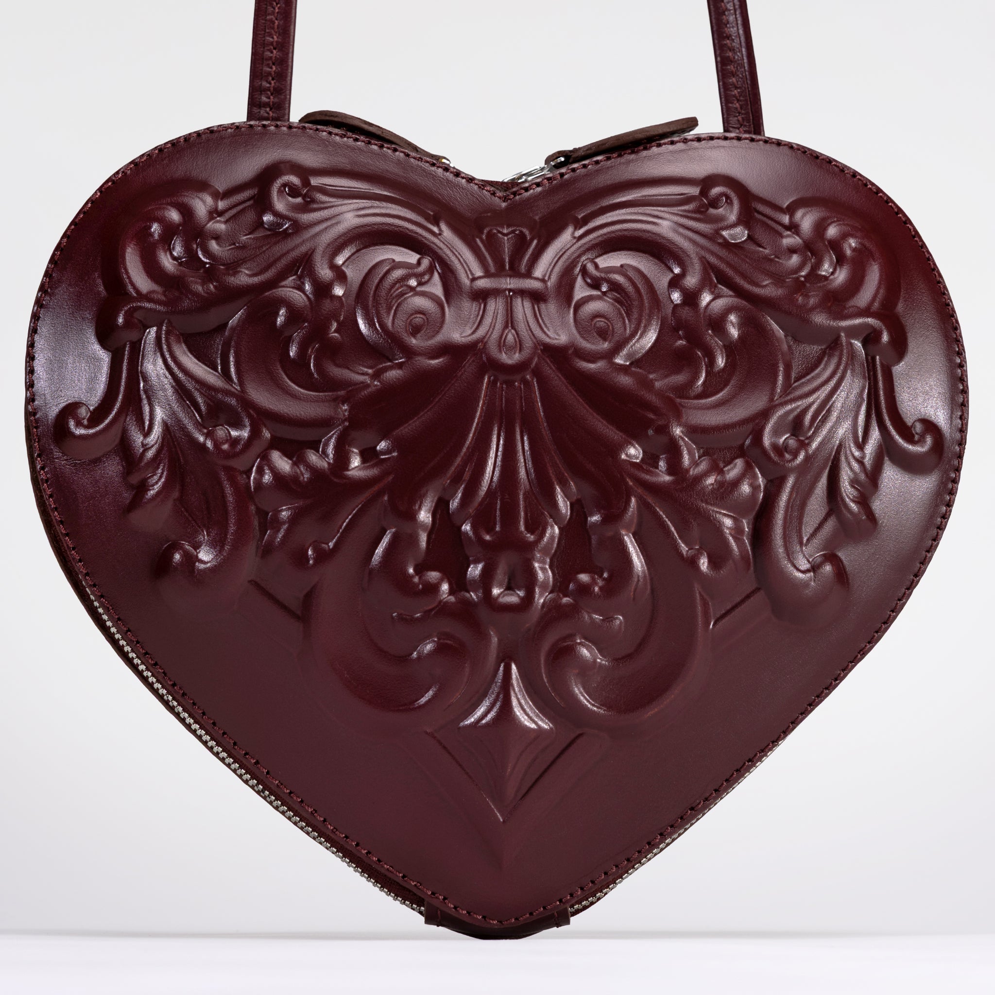Burgundy Heart-Shaped Leather Bag with Baroque Relief