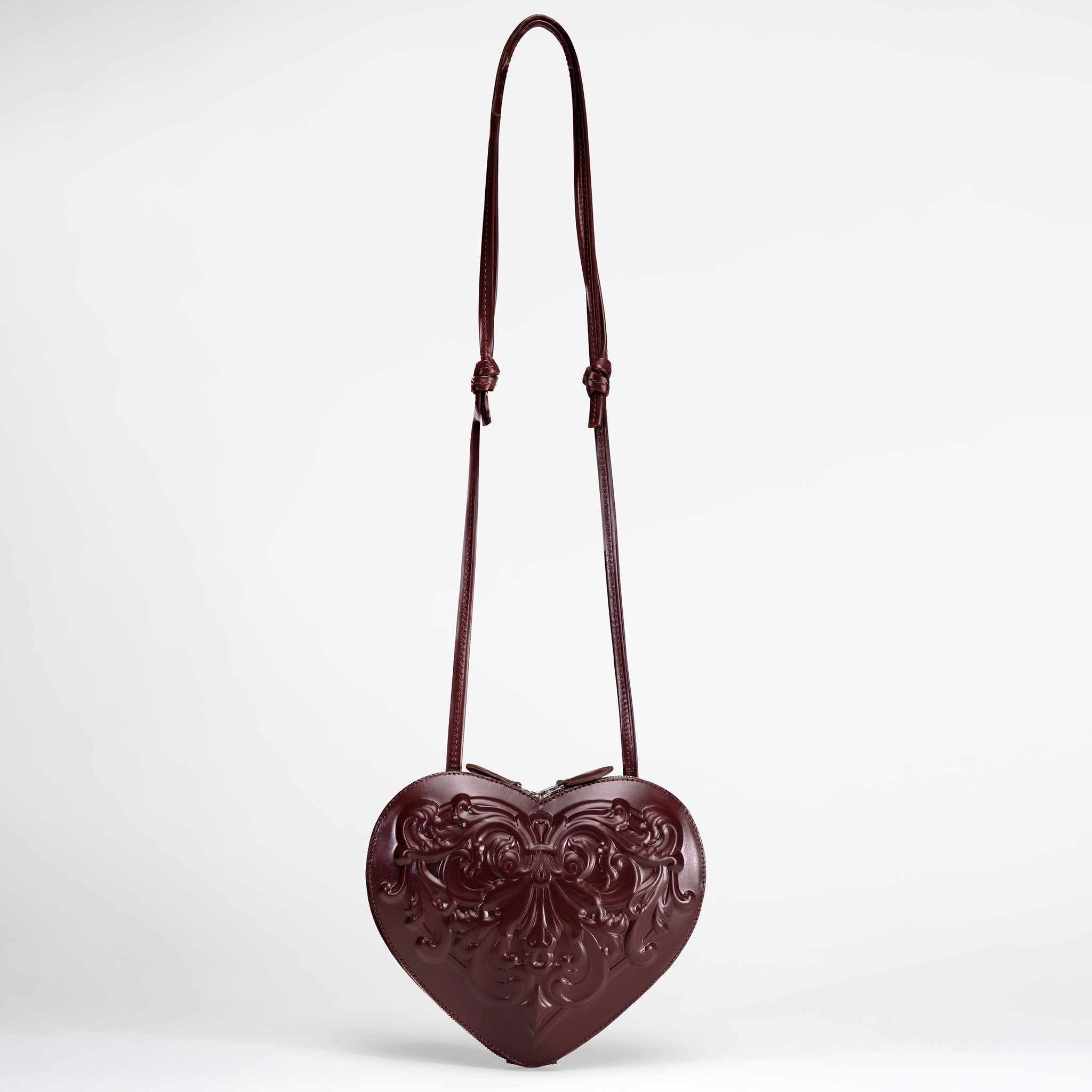 Burgundy Heart-Shaped Leather Bag with Baroque Relief