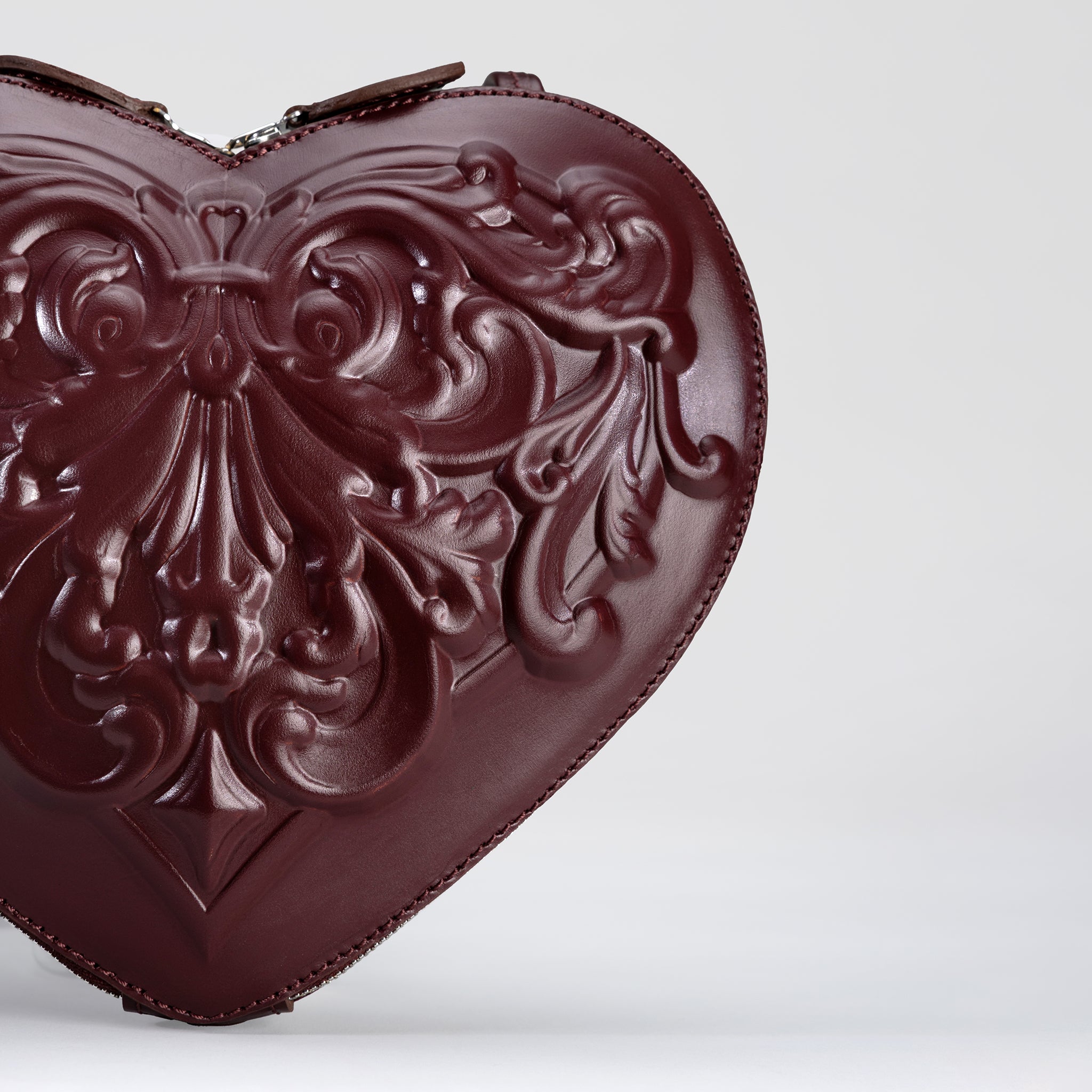 Burgundy Heart-Shaped Leather Bag with Baroque Relief