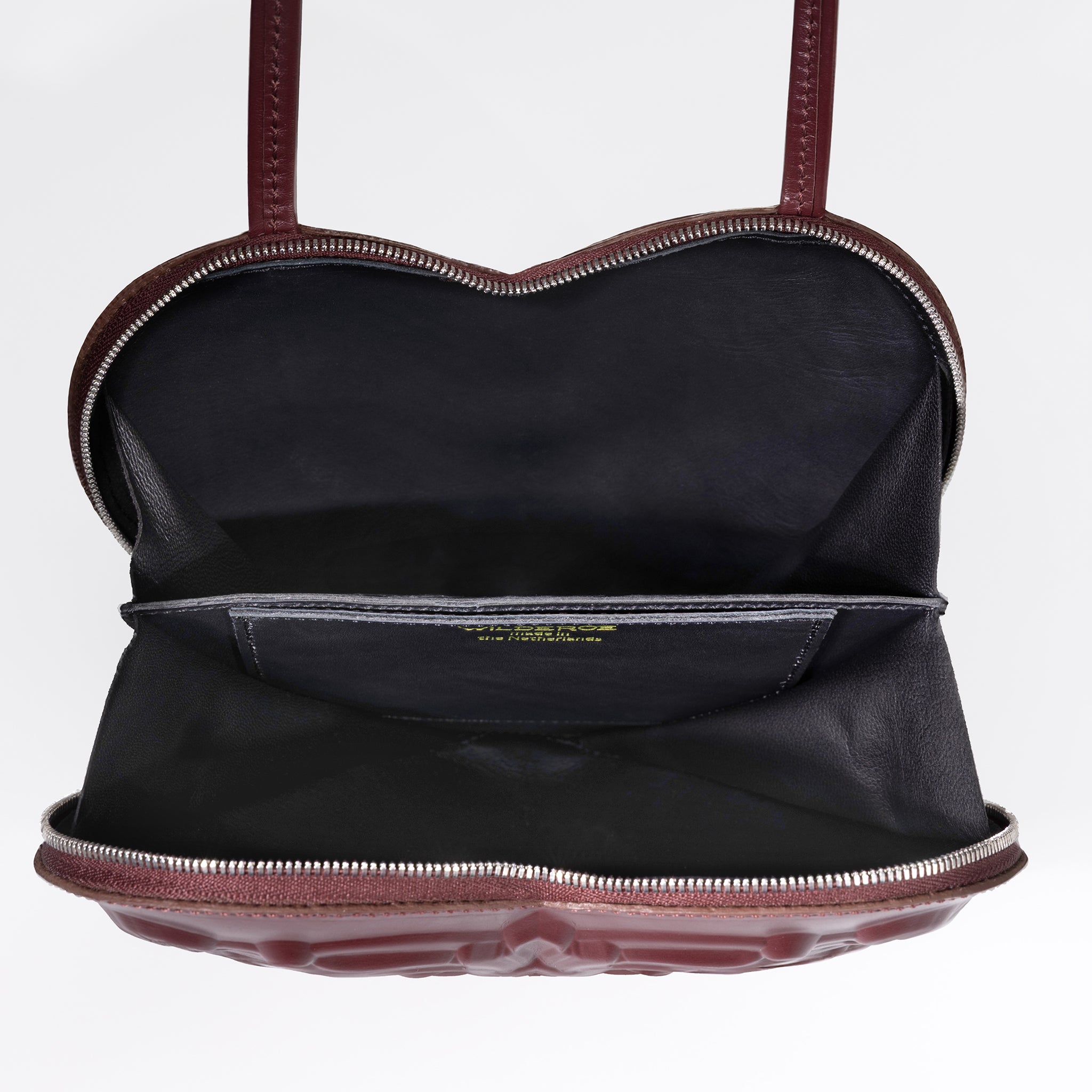 Burgundy Heart-Shaped Leather Bag with Baroque Relief