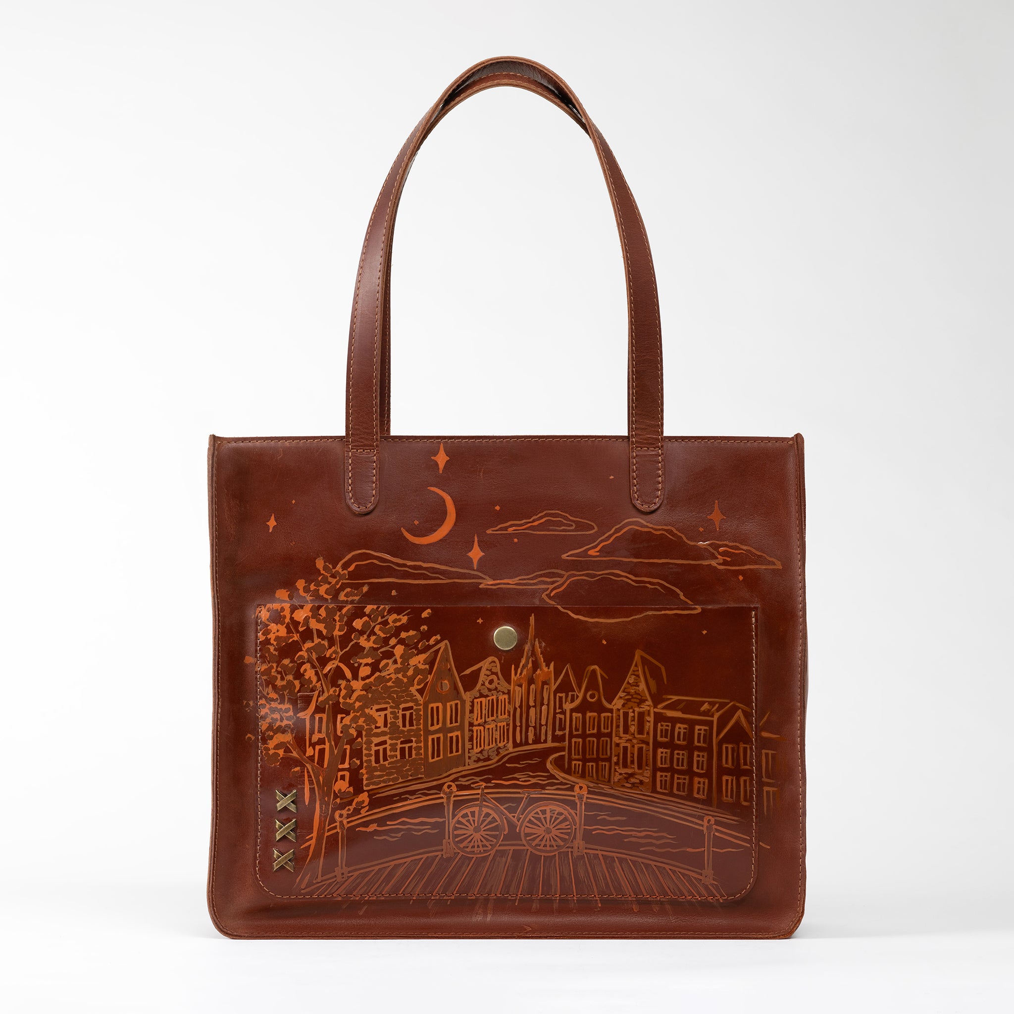 Amsterdam Tote Leather Bag with Hand-Drawn Dutch Street Illustration