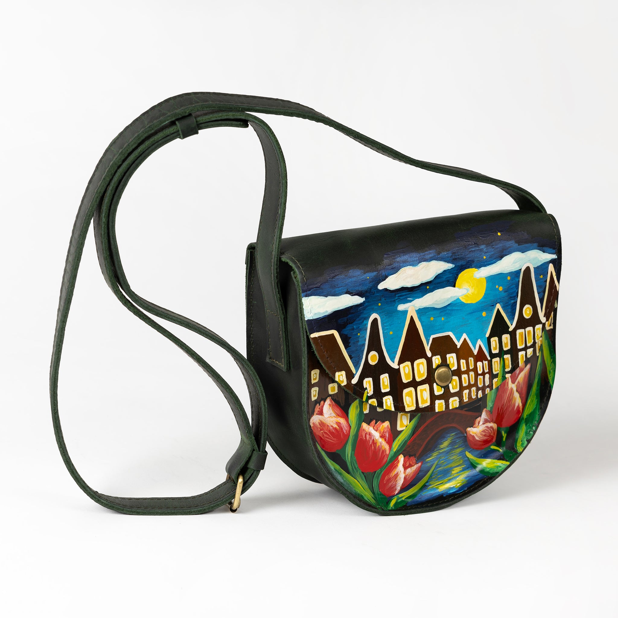 Leather Crossbody Bag: Dutch Illustrations-Hand-drawn  of Dutch houses