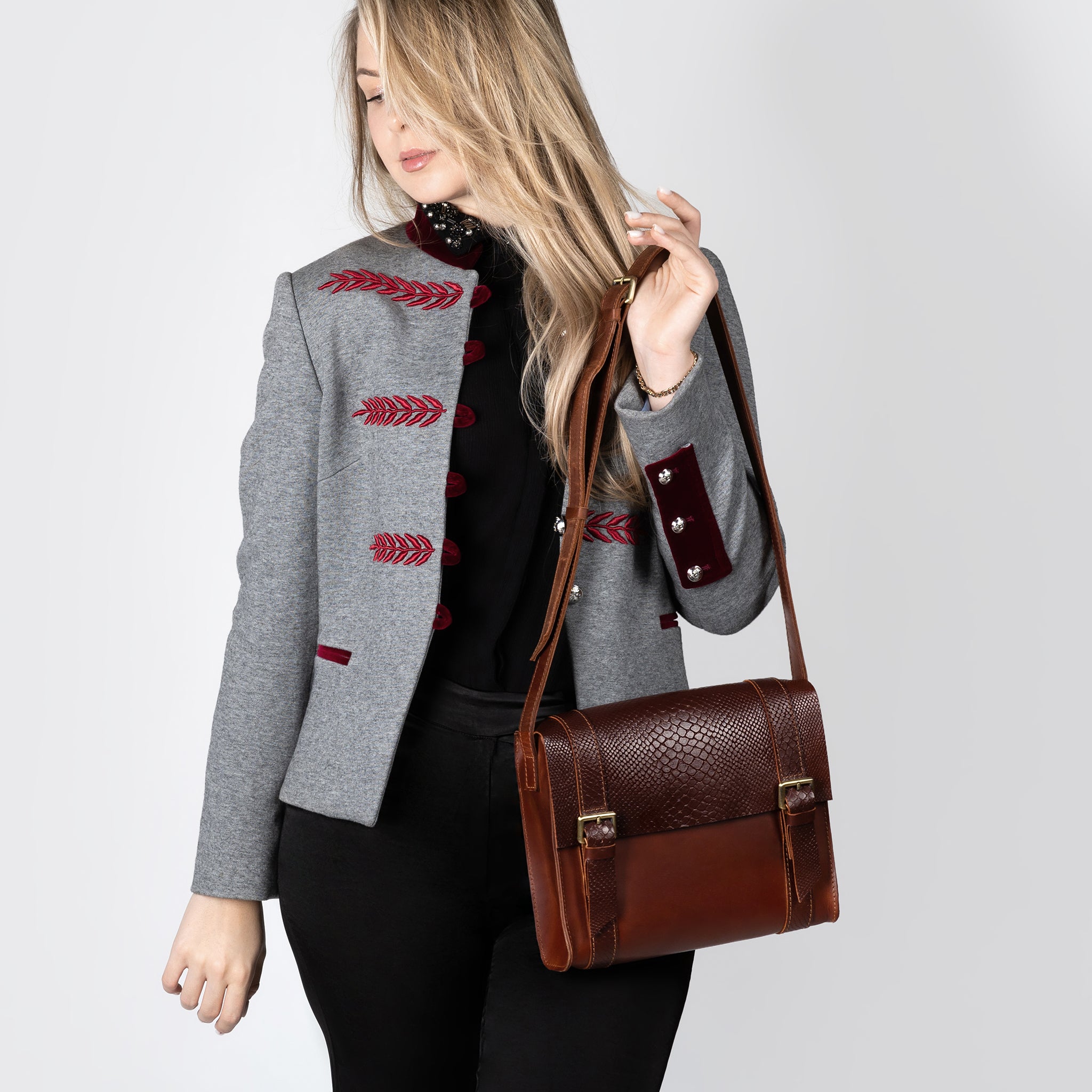 Women's designer Leather Satchel Bag ,Crossbody Shoulder Bag- Wood Reptile