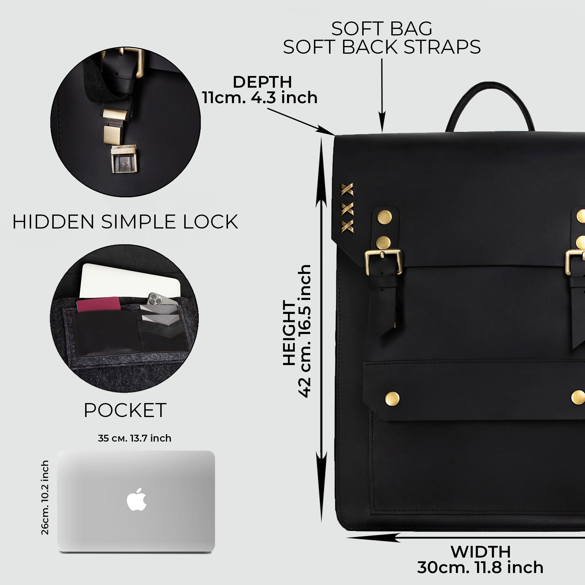 Handmade Men's Leather  Backpack Black  -  Vondel 13", 14", 15" and 16" inch laptops