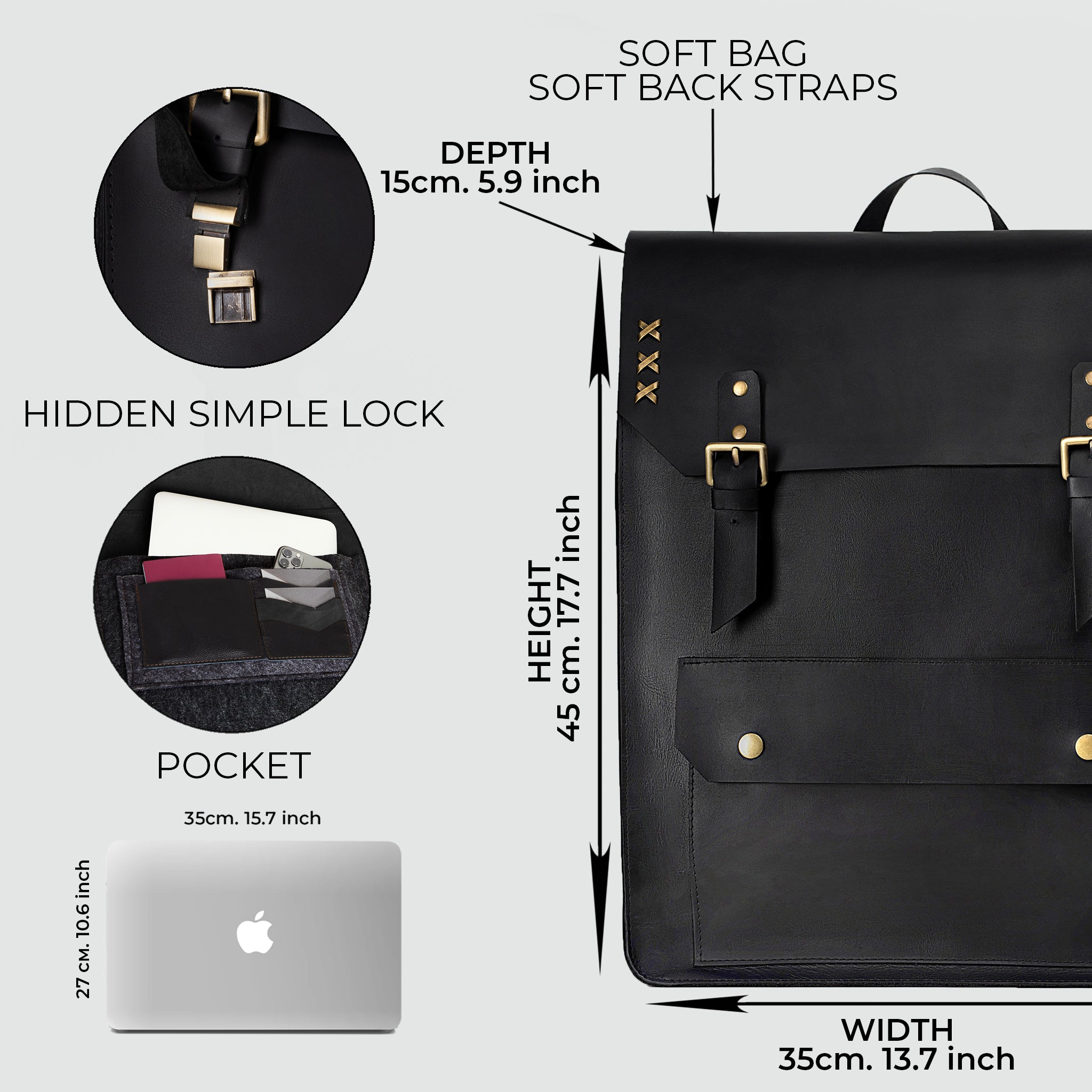 Handmade Men's Leather  Backpack Black  -  Vondel 13", 14", 15" and 16" inch laptops