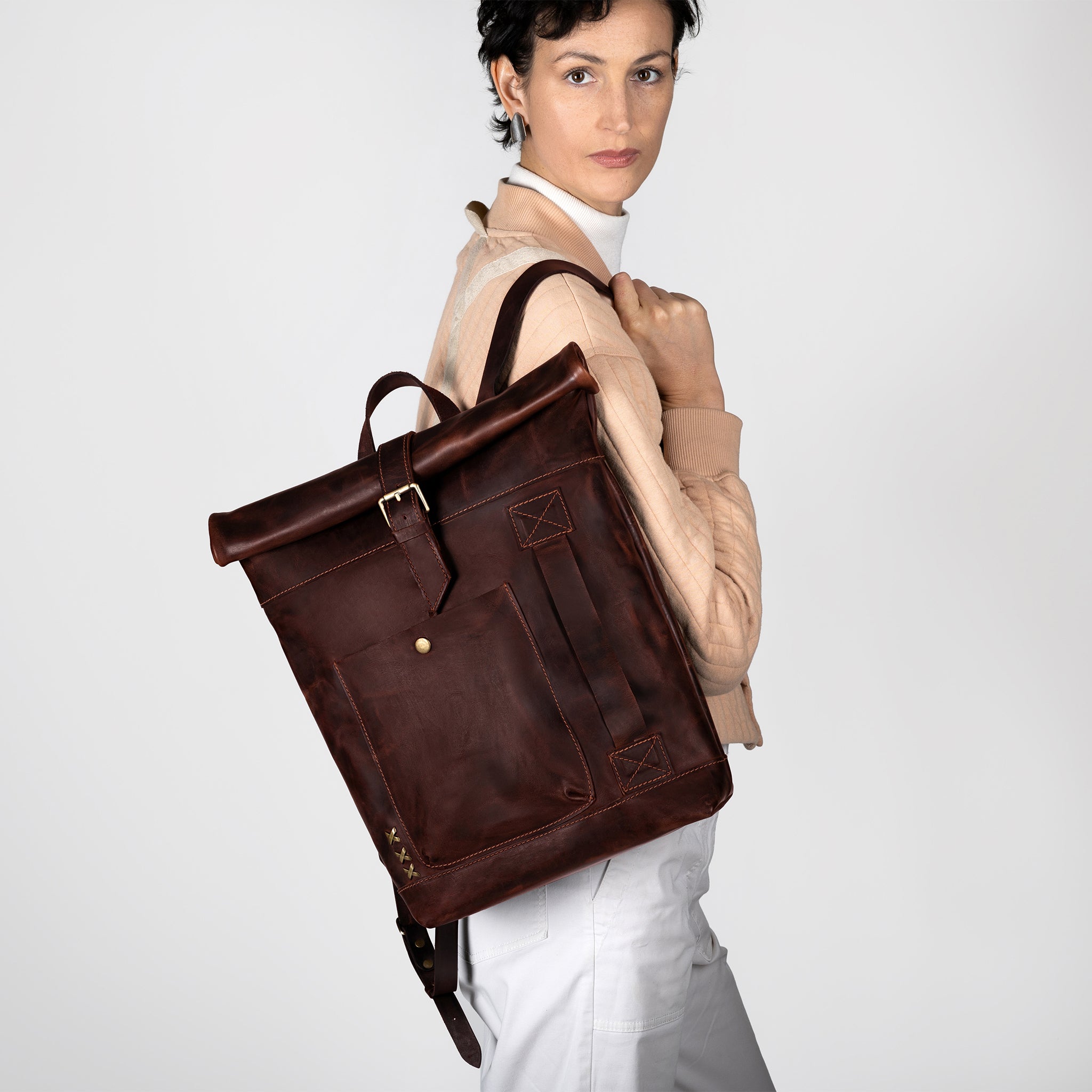 Roll-Top Handcrafting ,Women's Leather Backpack  -  Wanderlust 13-16 inch. laptops