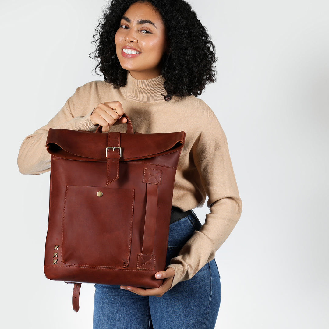 brown leather roll top backpack Roll-Top Handcrafting ,Women's Leather Backpack