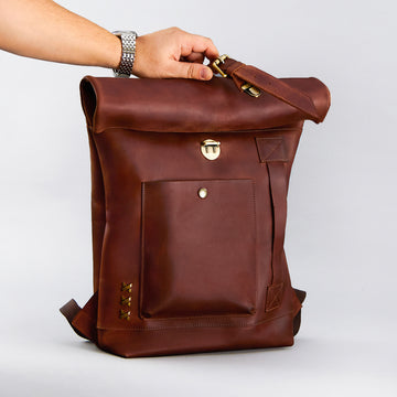 brown leather roll top backpack Men's Handcrafting Leather Roll-Top Backpack