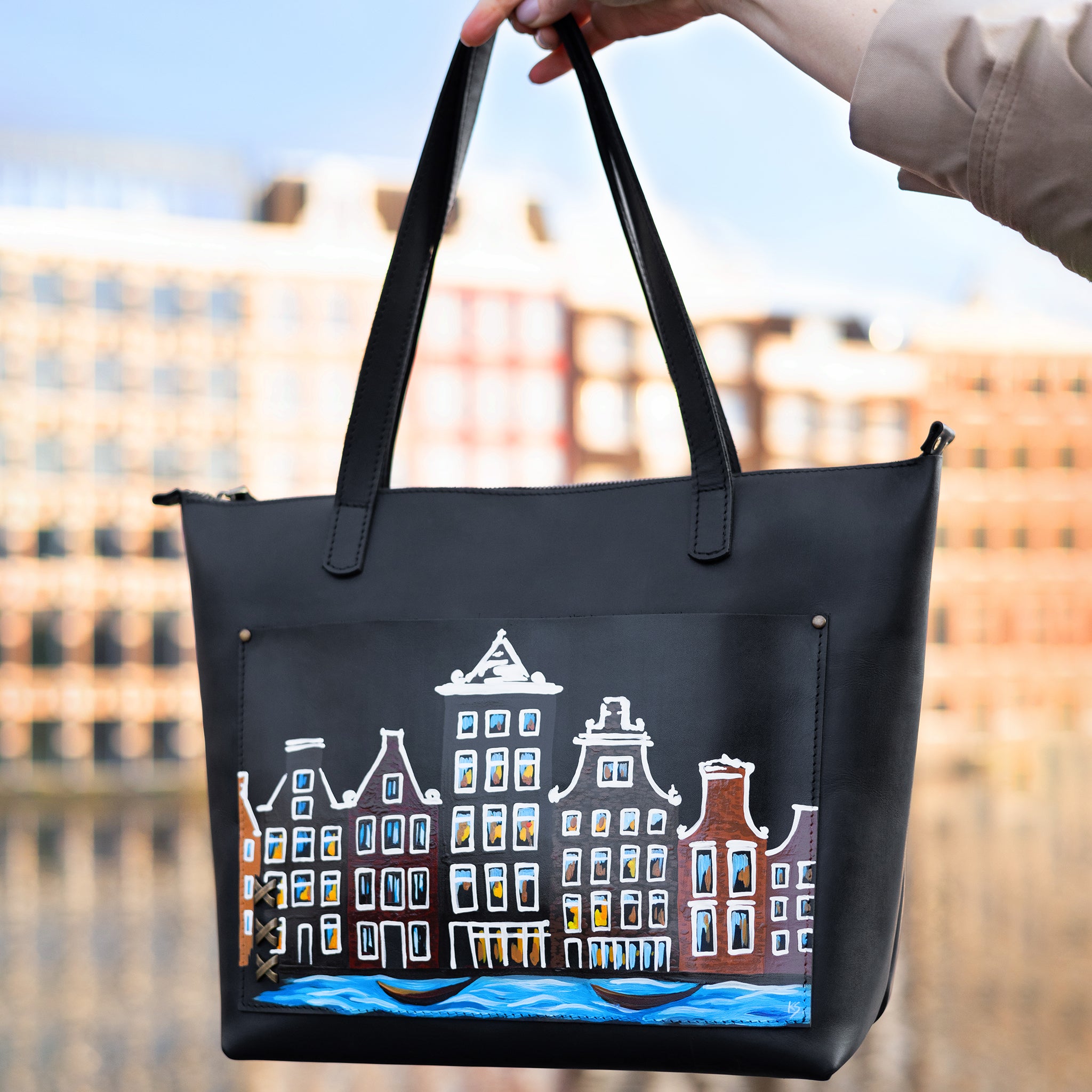 Leren draagtas - Essentials met een patroon van Amsterdam
