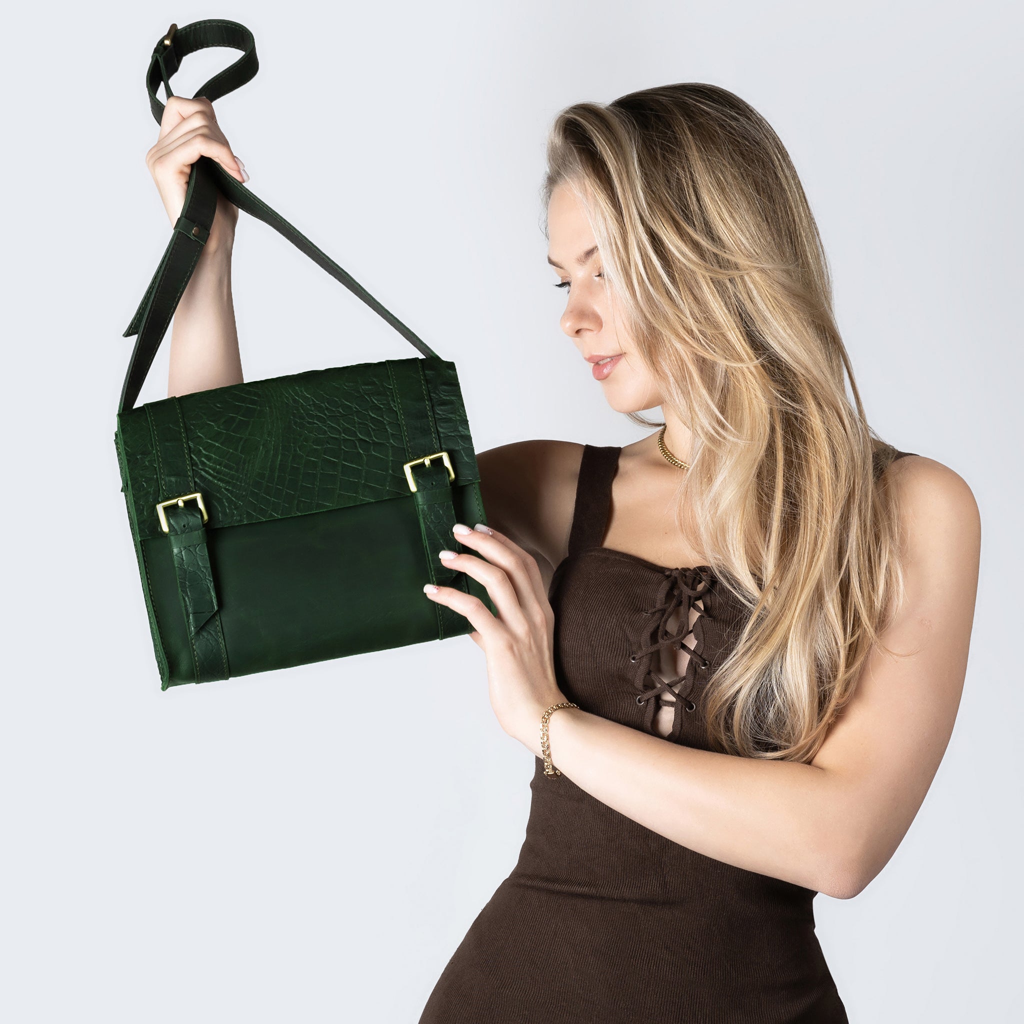 Women's designer Leather Satchel Bag ,Crossbody Shoulder Bag- Wood Reptile